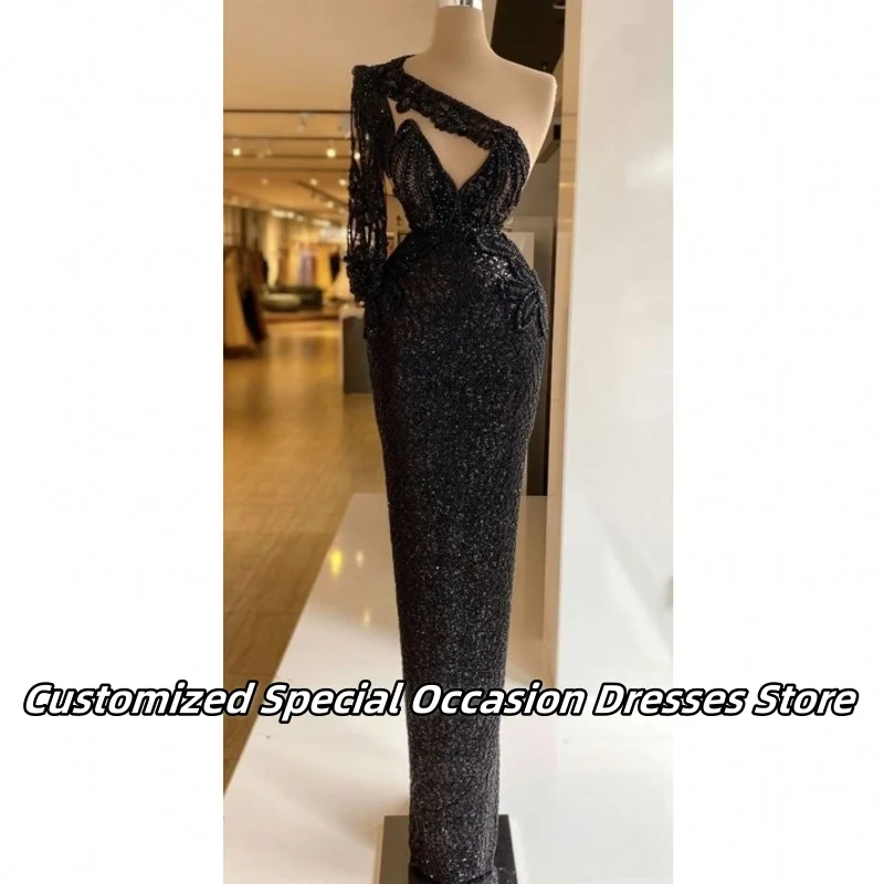 

Black One Shoulder Luxury Sequin Evening Dresses For Women New Designed Long Prom Dress Nigerian Wedding Party Gowns Customized