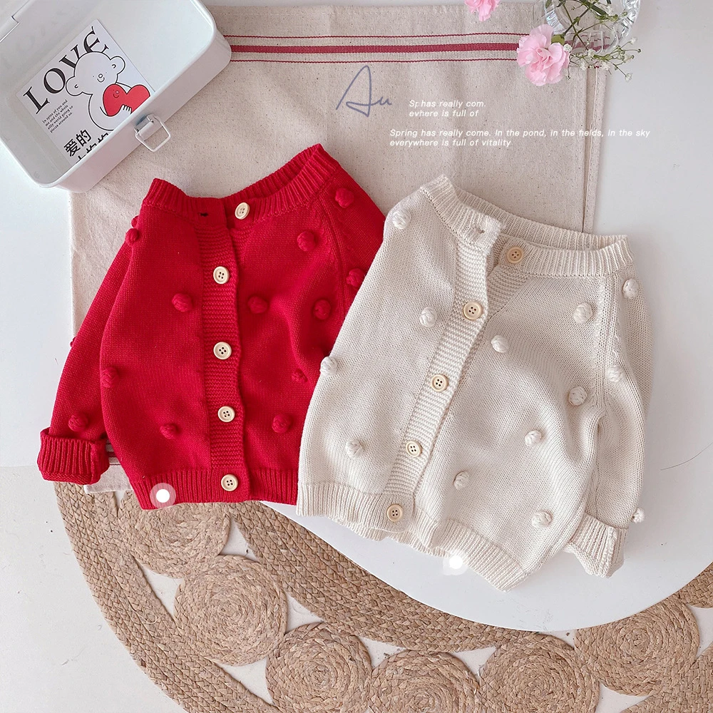 New Children\'s Sweater Coats 2024 Spring Autumn Girl Baby Cotton Soft Knitted Top Girl Handmade Ball Cardigan Jackets