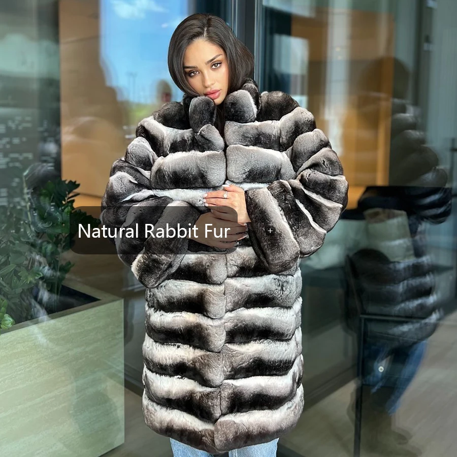 Jaqueta de pele de coelho longa chinchila rex casacos de pele de coelho casaco de inverno feminino 2024 nova moda luxo jaquetas de pele real