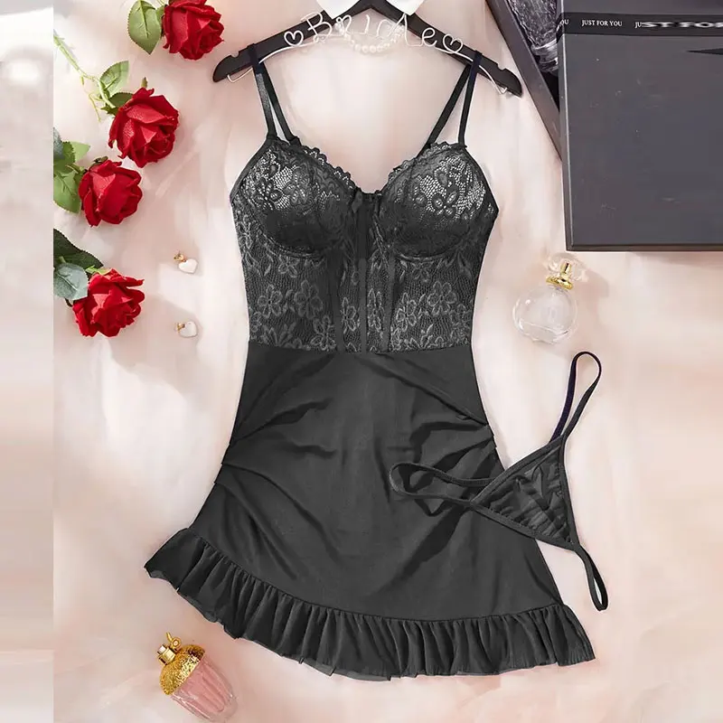 

Thong Nightgown Set Summer Sling Sleepwear Transparent Hot Women's Nightdress Backless Sexy Erotic Babydoll Dress Pleated Skirts