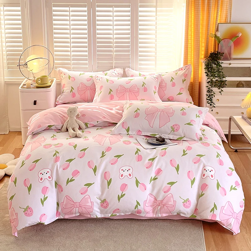 

Pink Tulip Duvet Cover Cartoon Rabbit Floral Bedding Set Soft Microfiber Reversible Farmhouse Quilt Cover with 2 Pillowcase,King