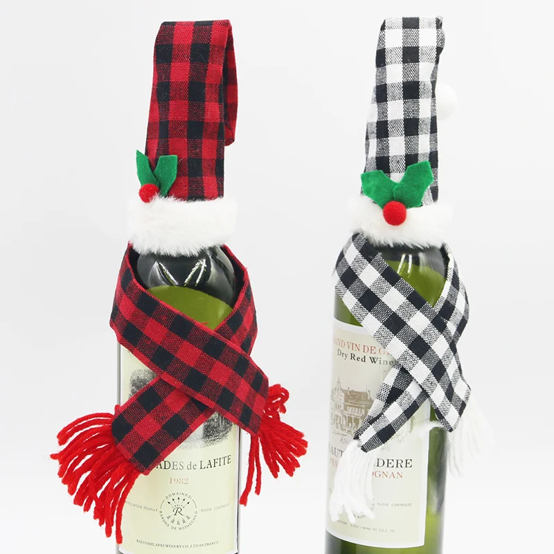 

(1 Piece/bag) Christmas Plaid Cloth Red Wine Bottle Set Mini Scarf Hat Holiday Party Decoration DIY Cute Atmosphere Packaging