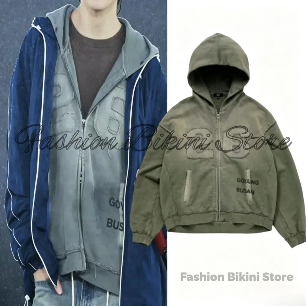 NEW Washed Grey Retro Hoodie 3D Embroidery ARIRANG Number 26 Hooded Jacket V Neck Sweatshirt Casual Streetwear Outerwear view 5
