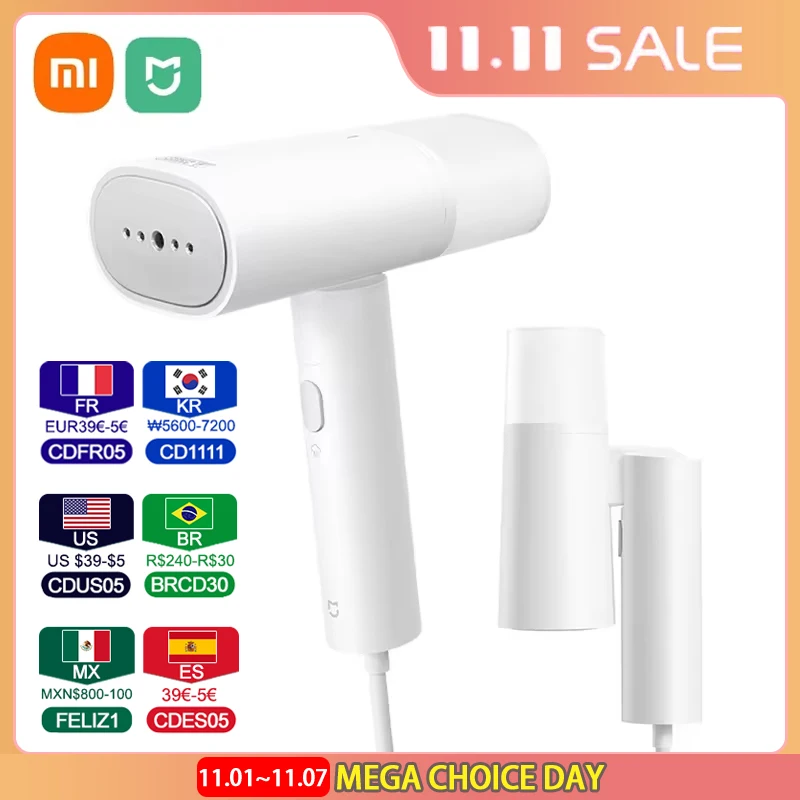 샤오미 Mijia 휴대용 의류 스티머 2 다리미 전기 스팀 청소기, 휴대용 접이식 진드기 제거 다림질 기계