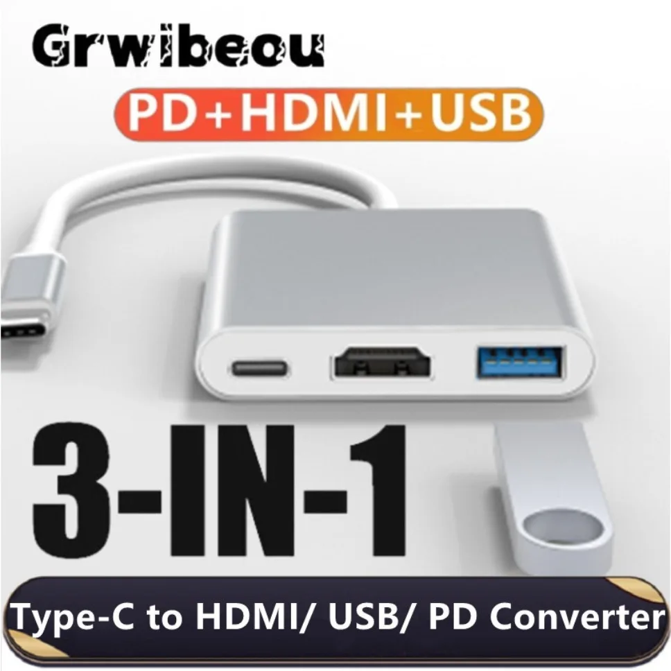 3 IN 1 Type C To HDMI+USB + USB-C Adapter Cable USB C To HDMI 4K USB-C Docking Station Adapter For Laptop Computer Accessories