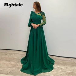 Eightale Sea Green Evening Dress for Wedding Party Chiffon Beaded Long Sleeve Arabic Appliques A-Line Prom Gowns Celebrity Dress