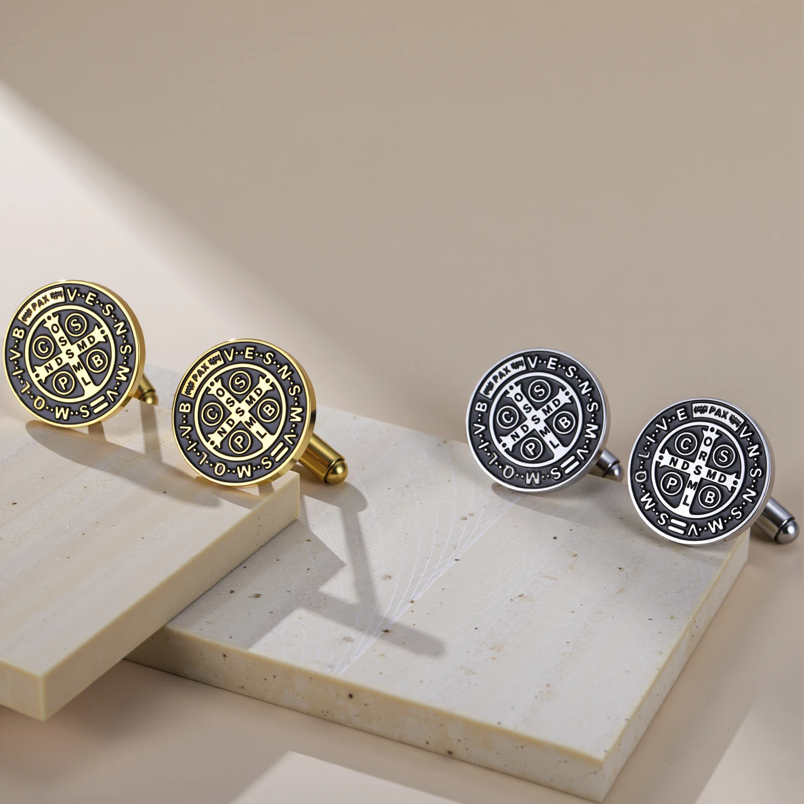 2 pares de Abotoaduras Masculinas CSPB Redondas de Aço Inoxidável com Medalha Cruz Retrô, Acessórios de Joalheria para Camisas Sociais Masculinas