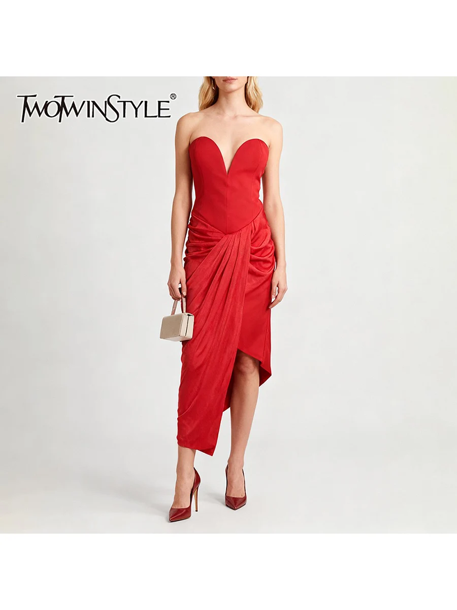 

TWOTWINSTYLE утягивающие платья нестандартной формы с гофрировкой для женщин, туника без бретелек без рукавов, дизайнерское платье Sense, женская одежда