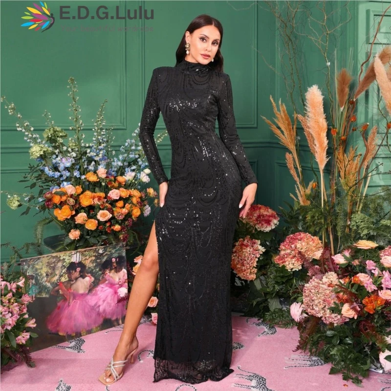 

EDGLuLu Glitter Party Evening Dresses Elegant O Neck Long Sleeves High Slit Black Sequin Long Mermaid Dress Formal 0714