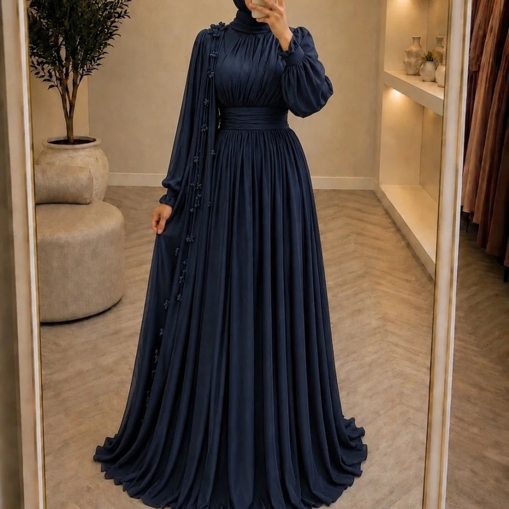 

Customized Elegant High Collar Applique Evening Dress Pleat A-line Long Dresses Wedding Party Dress Classic