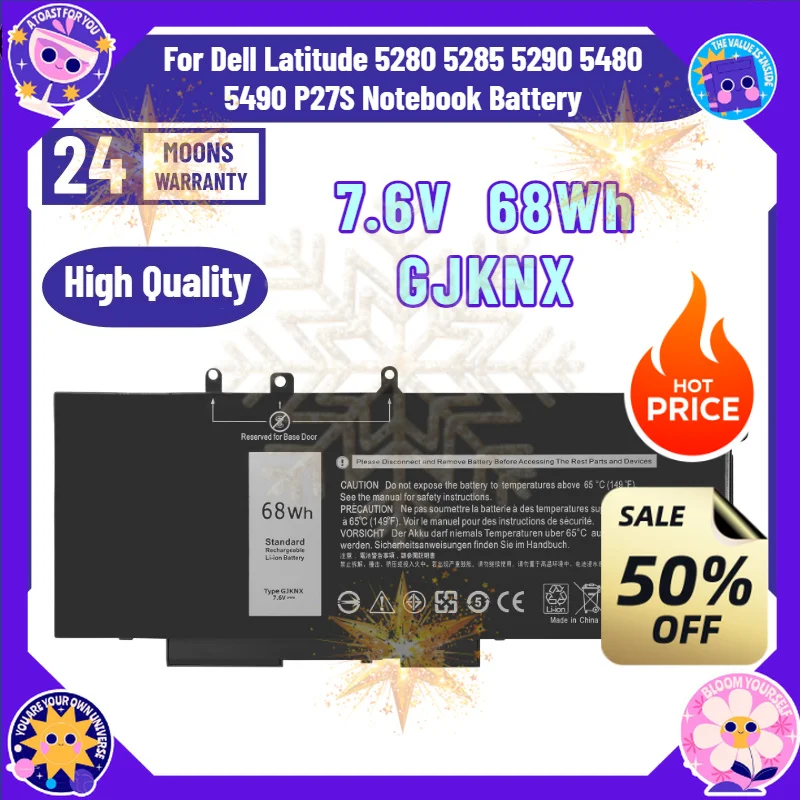 SWZY 7.6V  68Wh GJKNX Laptop Battery for Dell Latitude 5280 5285 5290 5480 5490 P27S Notebook Battery