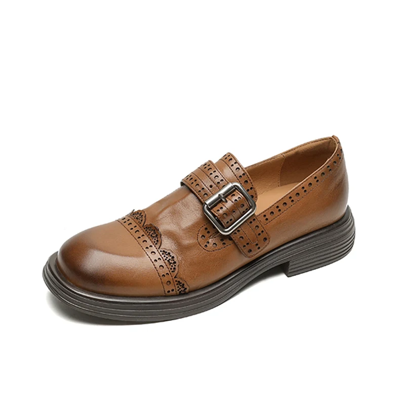 

Monk Shoes Women Calfskin Genuine Leather Buckle Strap Brogue Style Round Toe Casual Ladies Flats Handmade