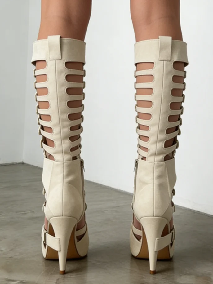 

White Round Head Hollow Thin Strap Combination High-Heeled Sandals Belt buckle Decoration Women's Luxury Footwear 2026