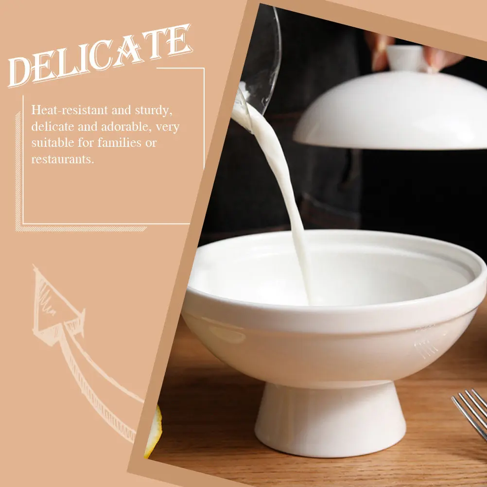 Simple Design Ceramic Stew Bowl with Cover Heat Resistant Soup Bowl for Steamed Egg Bird Nest Dessert Milk Oatmeal Serving