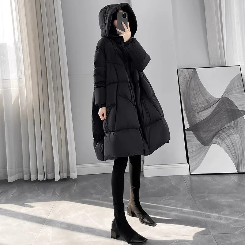 Black Hooded Down Jacket Women Winter 2024 New Korean Version Loose 90White duck down Coat Female Thicken Parkas Casual Overcoat