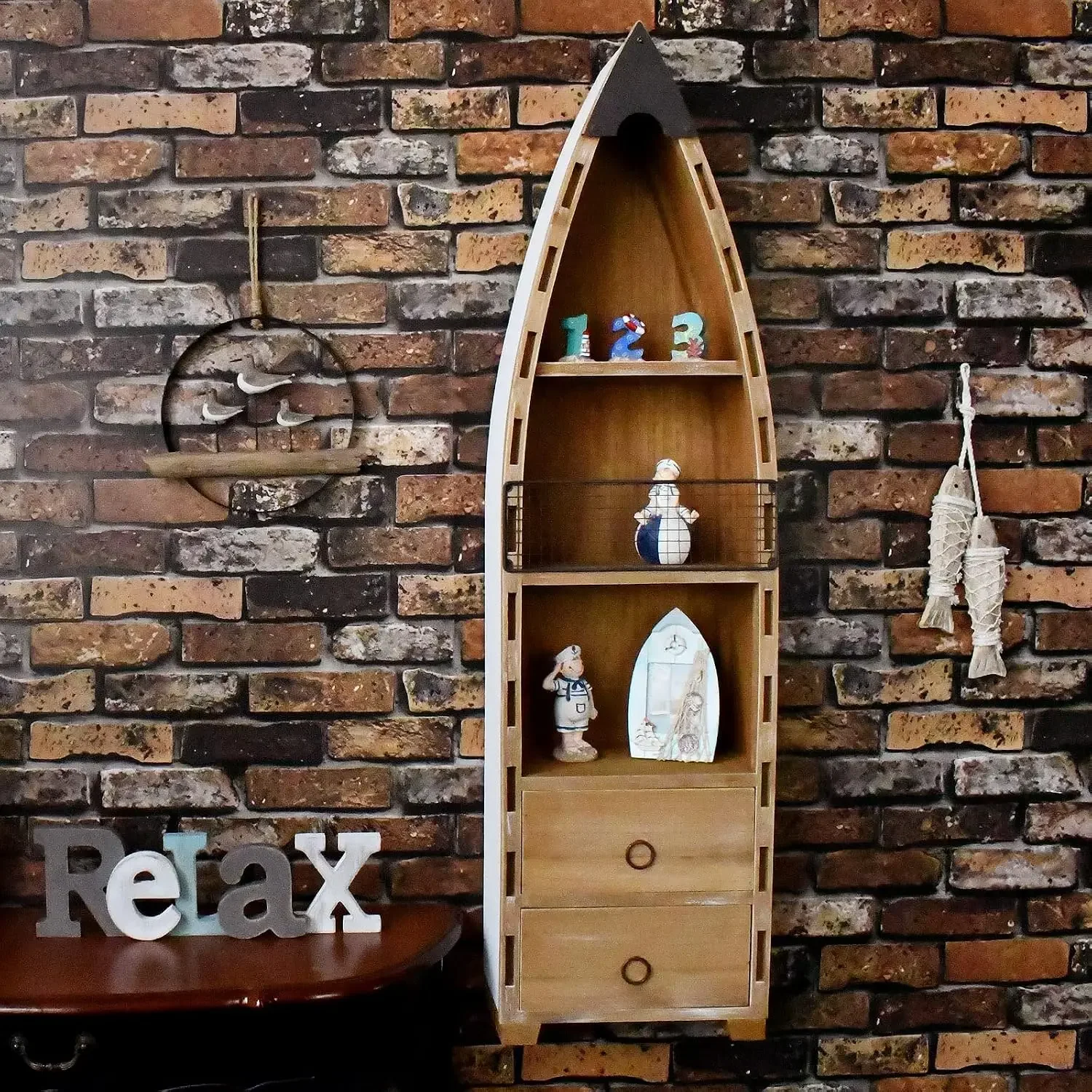 Wood Boat Cabinet, Rustic Nautical Decor, 2 Shelves & 2 Drawers, 45.3 Inch | Beach Coastal Ocean Theme Large Bathroom Wall Table