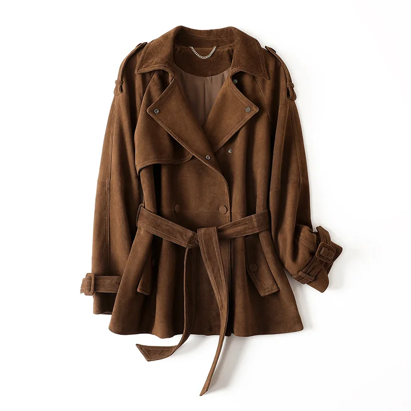 Genuine Leather Women Suede Kid Leather Jacket Casual Brown Coffee Double-breasted Belt Slim Waist Female Imported Goatskin Coat