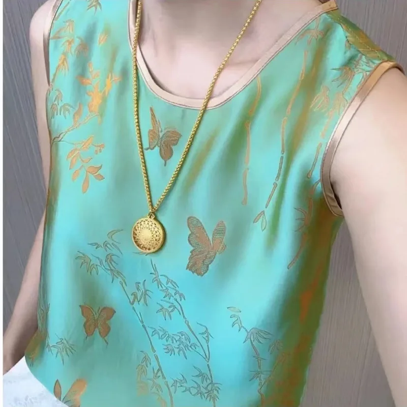 

Double-sided double-wear jacquard breathable jade bamboo flower dill loose sleeveless single vest sling women's outer wear