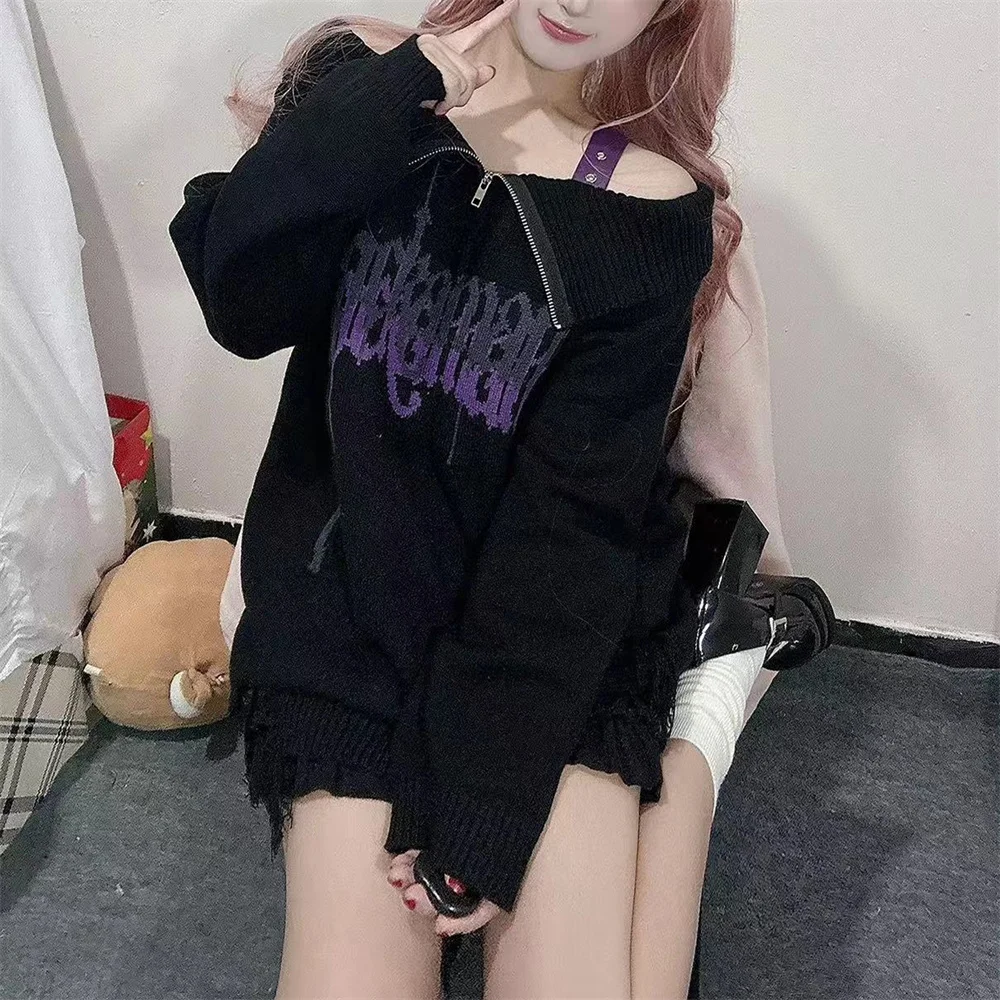 Women Coquette Gyaru Goth Y2k Off Shoulder Sweater Japanese Harajuku Halloween Knitwear 2000s Aesthetic Grunge Cyber Punk Tops