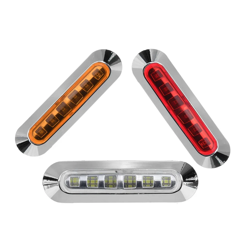 ATVOV 2pcs 12V 24V 6 LED Chrome Bezel Side Marker External Clearance Lamp Indicator Warning Rear Tail Light Trailer Truck Lorry