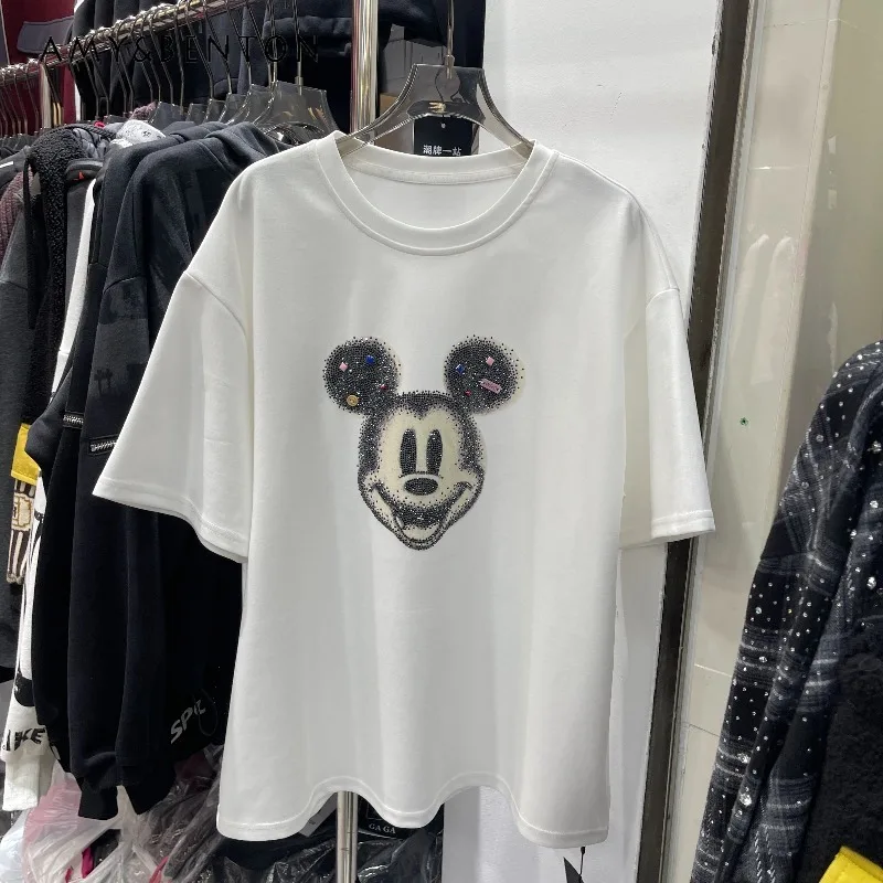 

2025 Winter Unique Design Heavy Industry Bright Diamond Cartoon Short Sleeved T-shirt Ladies Y2k Loose Fit Thickened Top Tshirts