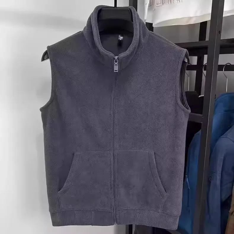 Thickened Fleece Double-sided Brushed Polyester Vest Men's Autumn Winter Warm Fleece Lined Sleeveless Workwear Open Cardigan