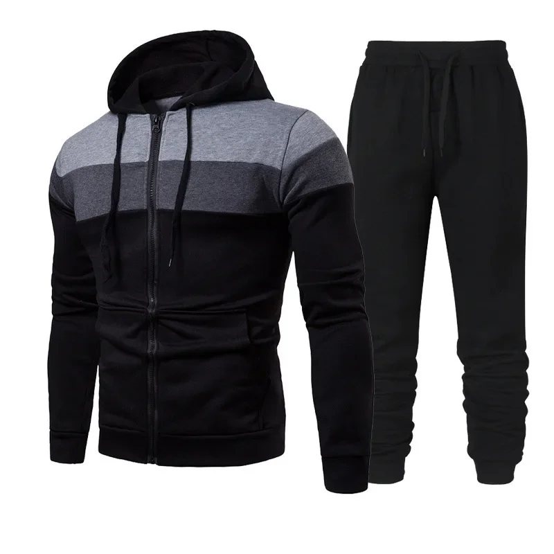 

Men Sweatshirts Cardigan Zipper Hoodies Pencil Pants Ankle Length Spliced Striped Slim Drawstring Sports Casual Pockets Sets