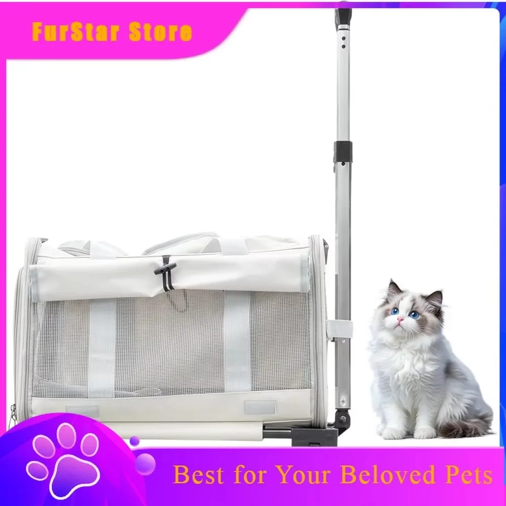 FurStarPet Carrier With Wheels - Soft-Side Wheeled Cat Carrier For Dogs With Telescopic Handle, Collapsible Rolling Pet Travel B