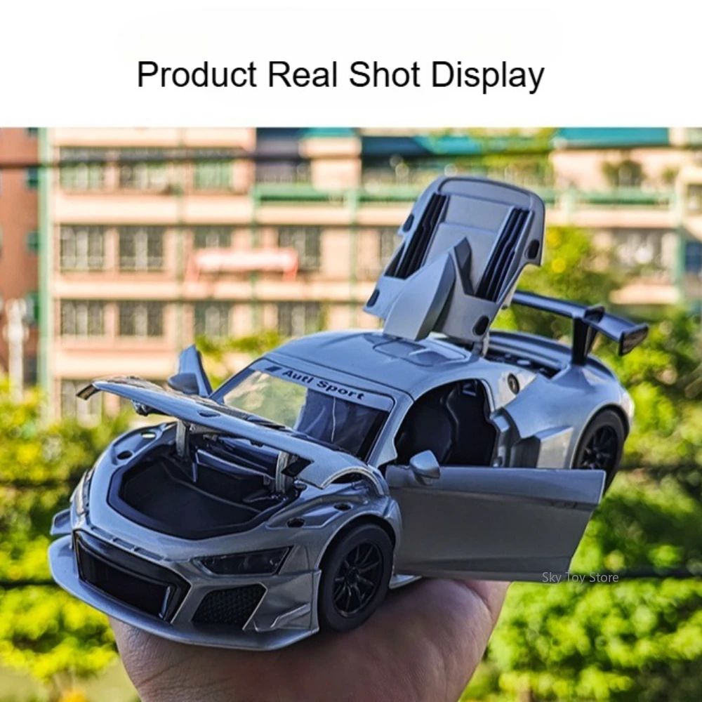 1:24 R8 LMS GT2 aleación fundida P1 modelos en miniatura juguetes coche sonido luz tirar hacia atrás puertas persianas abiertas para niños regalo de cumpleaños