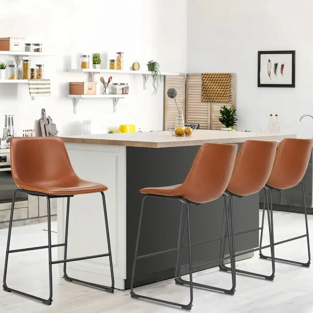 Faux Leather High Barstools, Counter Altura Bar Stools, costas e perna de metal, conjunto de 4, 30 in