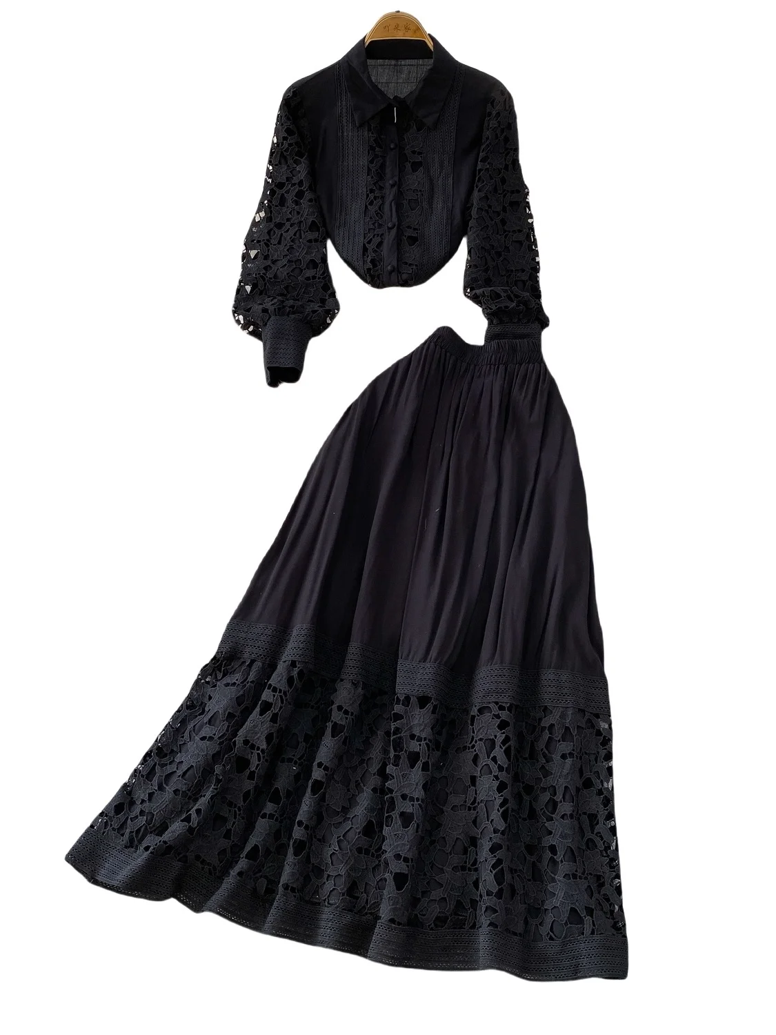 

Retro Lace Hollow Splicing Turn-down Collar Lantern Sve irt High Waist Slimming Drapey f Skirt Two-piece Set Women's ...