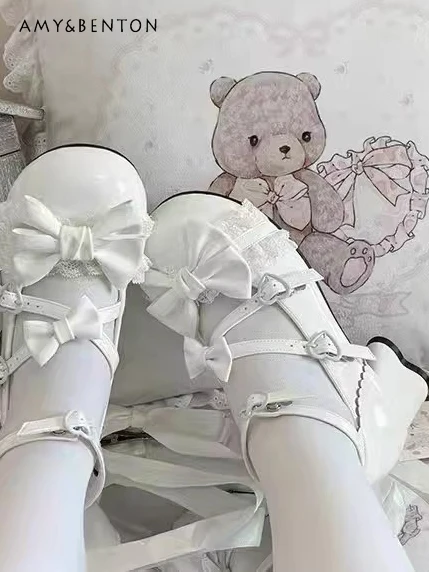 

Cute Lace Bow Round Head Mary Jane Shoes Women Sweetheart Girl Lolita Style Kawaii Heel Women All Match Jk High Heels