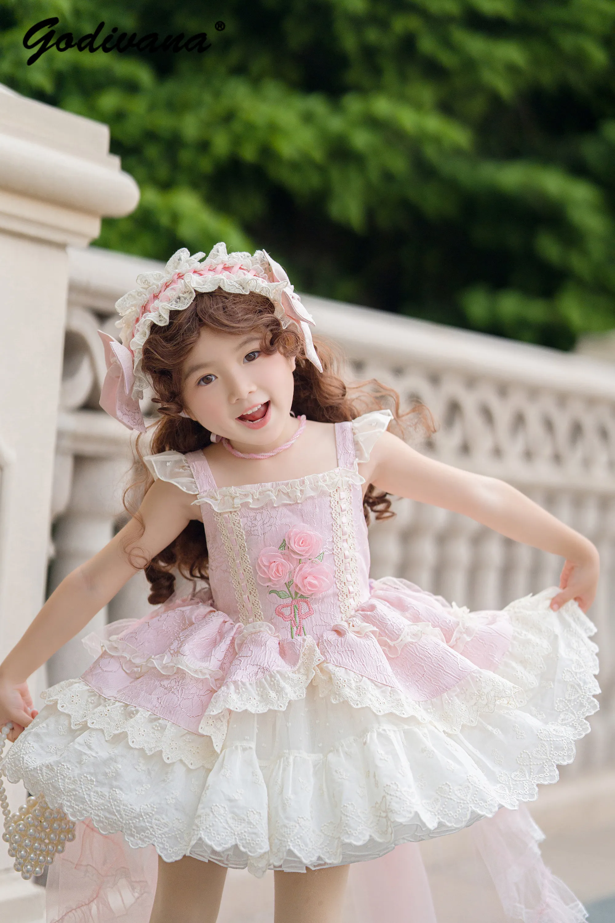 

Originals Sweet Baby Girls Heavy Pink 3D Rose Lolita Princess Dress 2026 New Summer Kids Floral Fairy Bow Train Lace Ball Gown