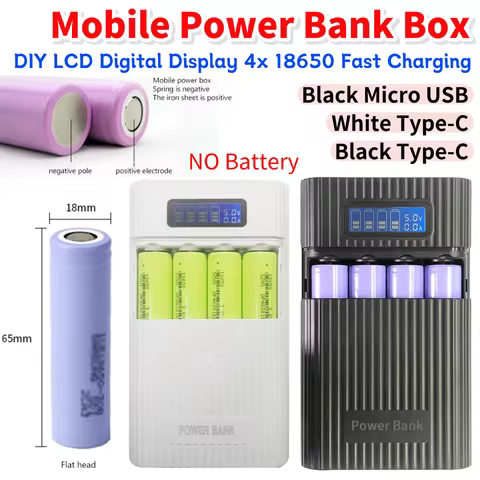 DIY Battery Charge Storage Box Micro USB Type-C Input Portable 18650 Battery Holder with LED Flashlight for Rechargeable Battery