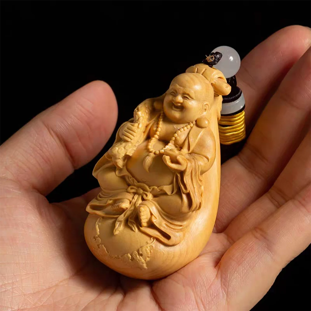 

JW81 - 2.7" Maitreya Buddha Boxwood Sculpture Laughing Buddha Figurine Mini Statue Car Bag Pendant Hanging Lucky Netsuke