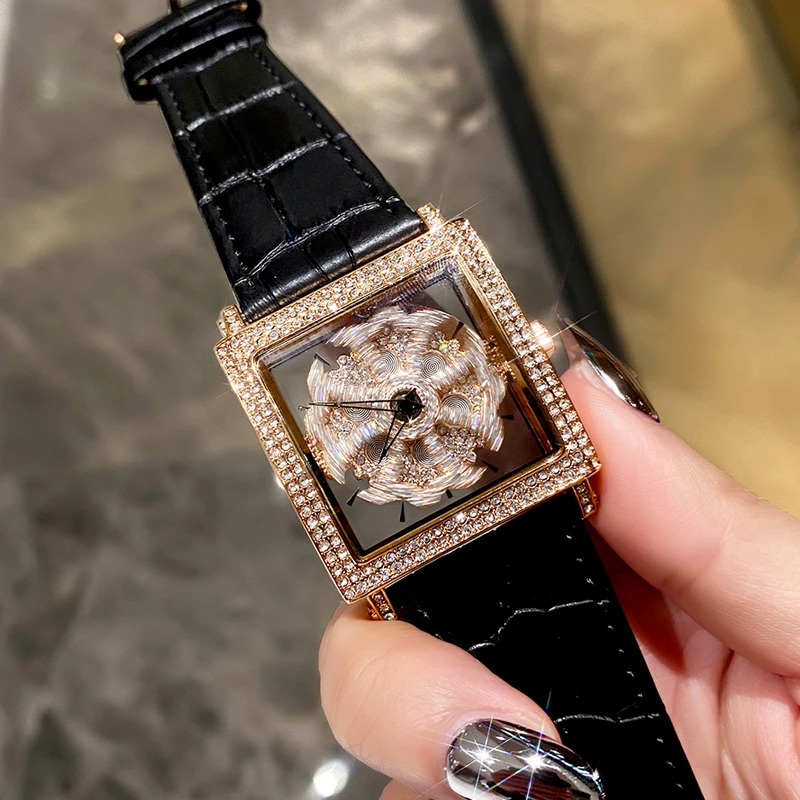 Luxury Brand Transparent Hollow Ladies Watch Spinning Diamond Face Fashion Rose Gold White Red Leather Quartz Watches for Women