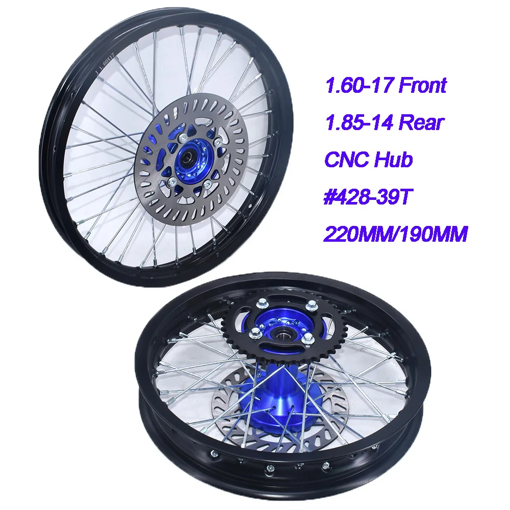 

1.60-17 inch Front 1.85-14" Rear Aluminum Rims CNC Hub 15MM #428 Sprocket 220MM/190MM Disc Brake For Dirt Pit Bike Motorcycle