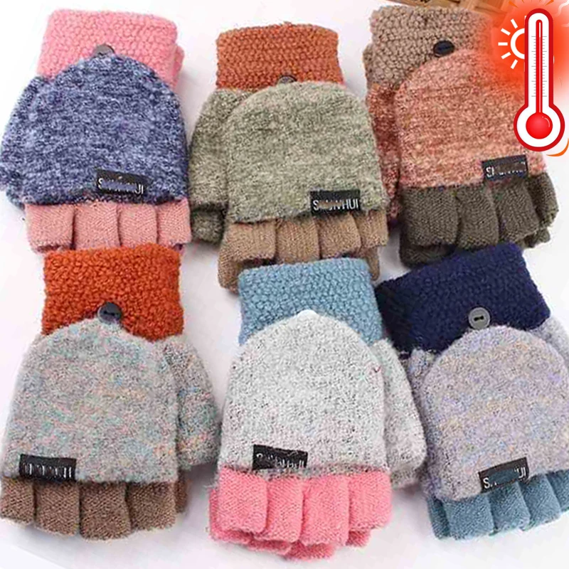 Soft Plush Knitted Gloves Women Girls Winter Warm Flip Fingerless Mittens Thickened Knitting Touchscreen Half Fingers Glove