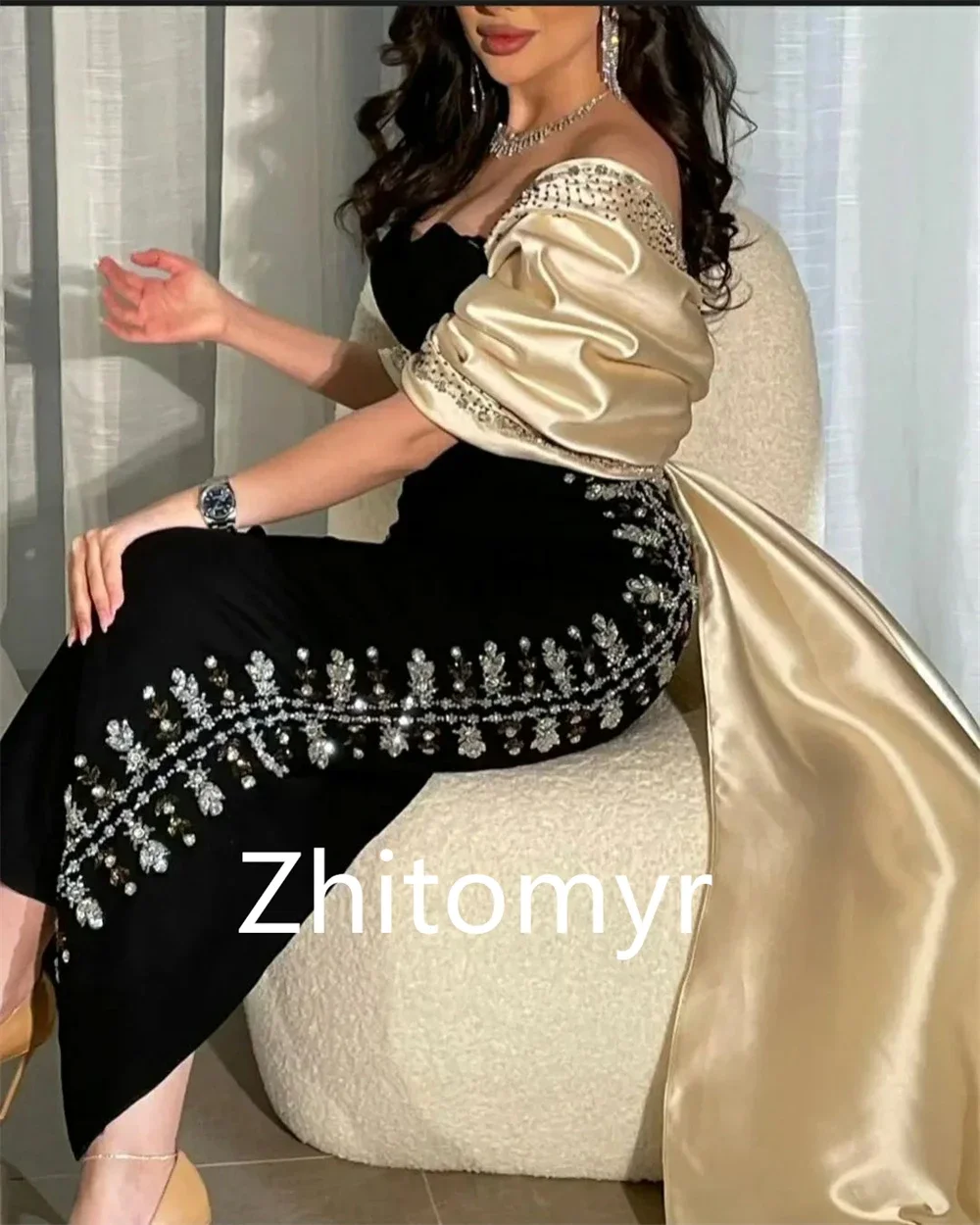 Customized Fashion Elegant Asymmetrical One-Shoulder Sheath Celebrity Dresses Beading Paillette / Sequins Anke length s Evening image 2