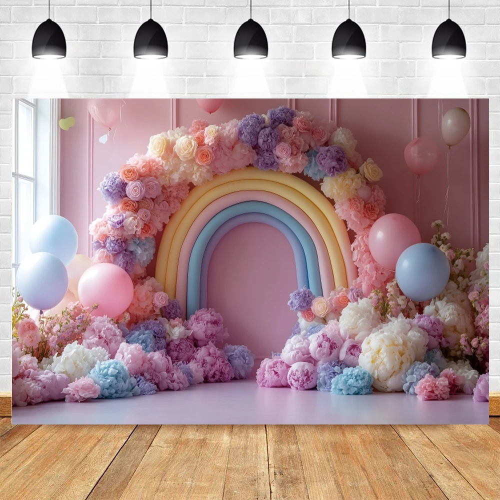 Palloncini Sfondo arcobaleno per fotografia Neonato Festa di compleanno Torta Smash Principessa Ragazze Ritratto Sfondo Photocall