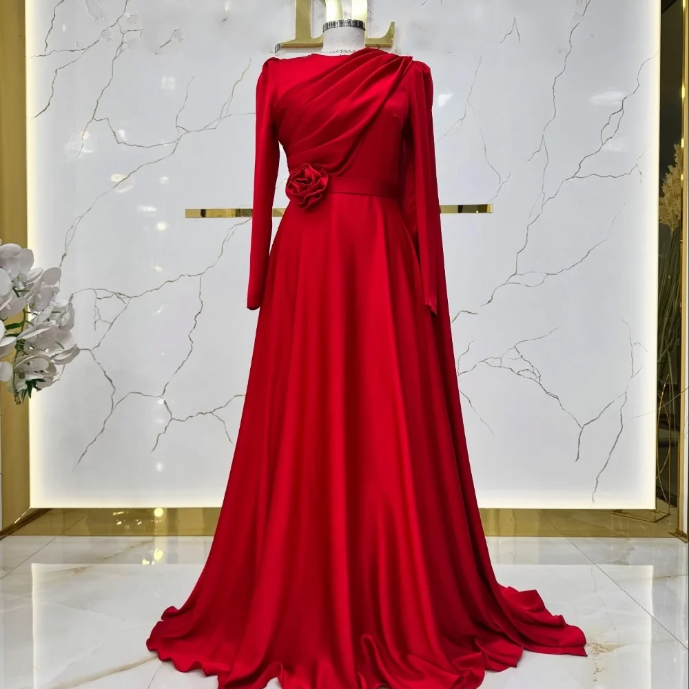 

Customized Exquisite High quality Charmeuse Handmade Flower Ruched Sash A-line O-Neck Long Dresses Bespoke Occasion Dresses Sexy