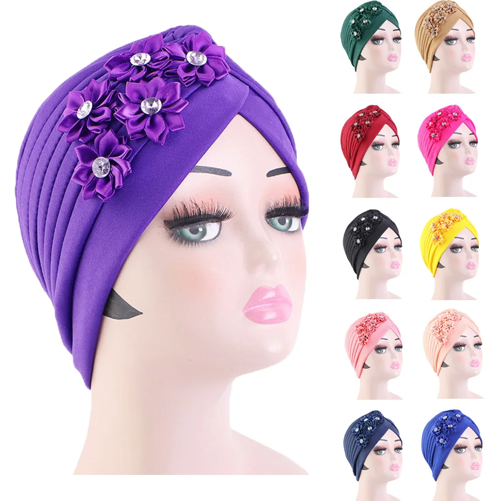 

New Women Rhinestone Flower Turban Bonnet Muslim Hijab Headscarf Pleate Ruffle Turban Chemo Cap Wedding Beanie Hat Hair Loss Hat