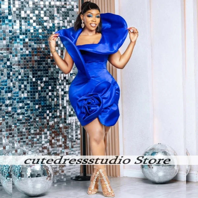 Vestidos De fiesta cortos De satén azul real, Mini vestido De fiesta De cumpleaños fruncido con flores exquisitas, Vestidos De fiesta africanos 2025 personalizados
