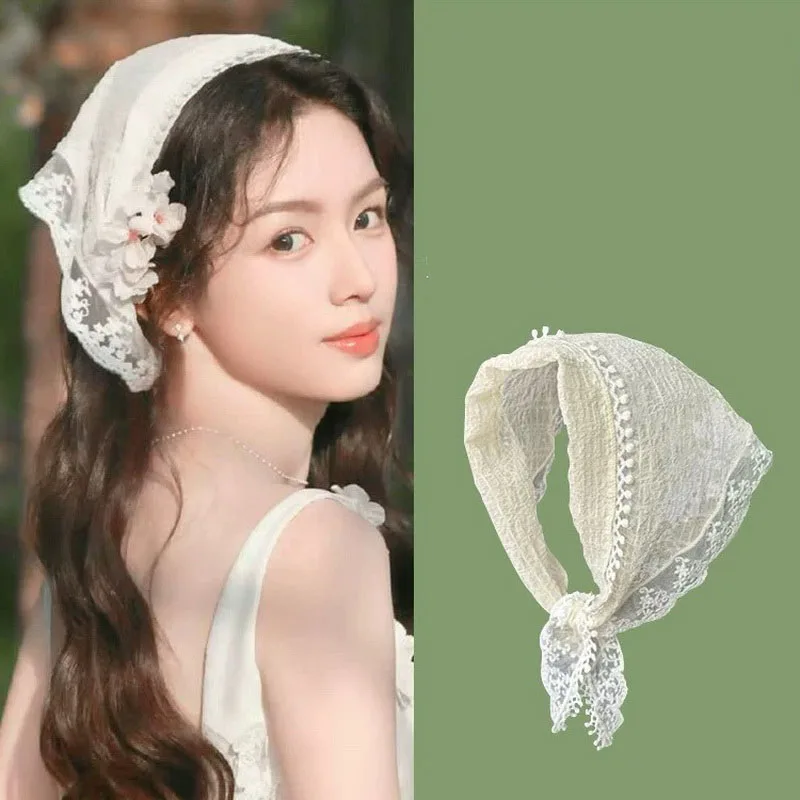 

2025 Knitted Lace Triangle Hair Scarf Bandana Vintage crochet bandana women flower scarf headband Hat Travel Photo Headband