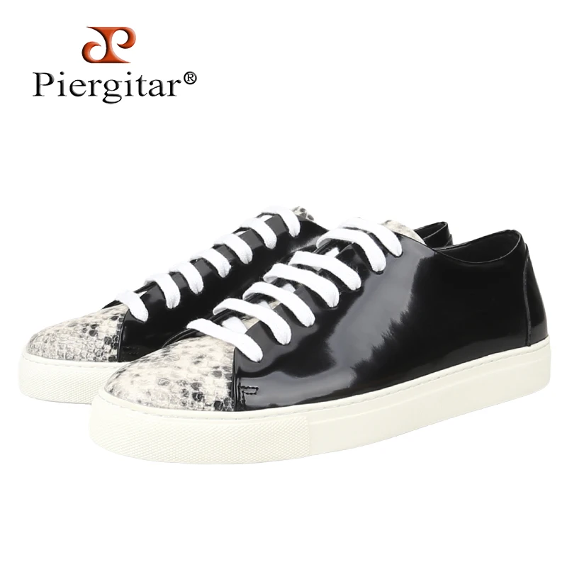 

Piergitar Black Leather Patchwork Crocodile-Patterned Calfskin Lace-Up Sneakers Handcrafted Men Casual Shoe Height Increase Sole