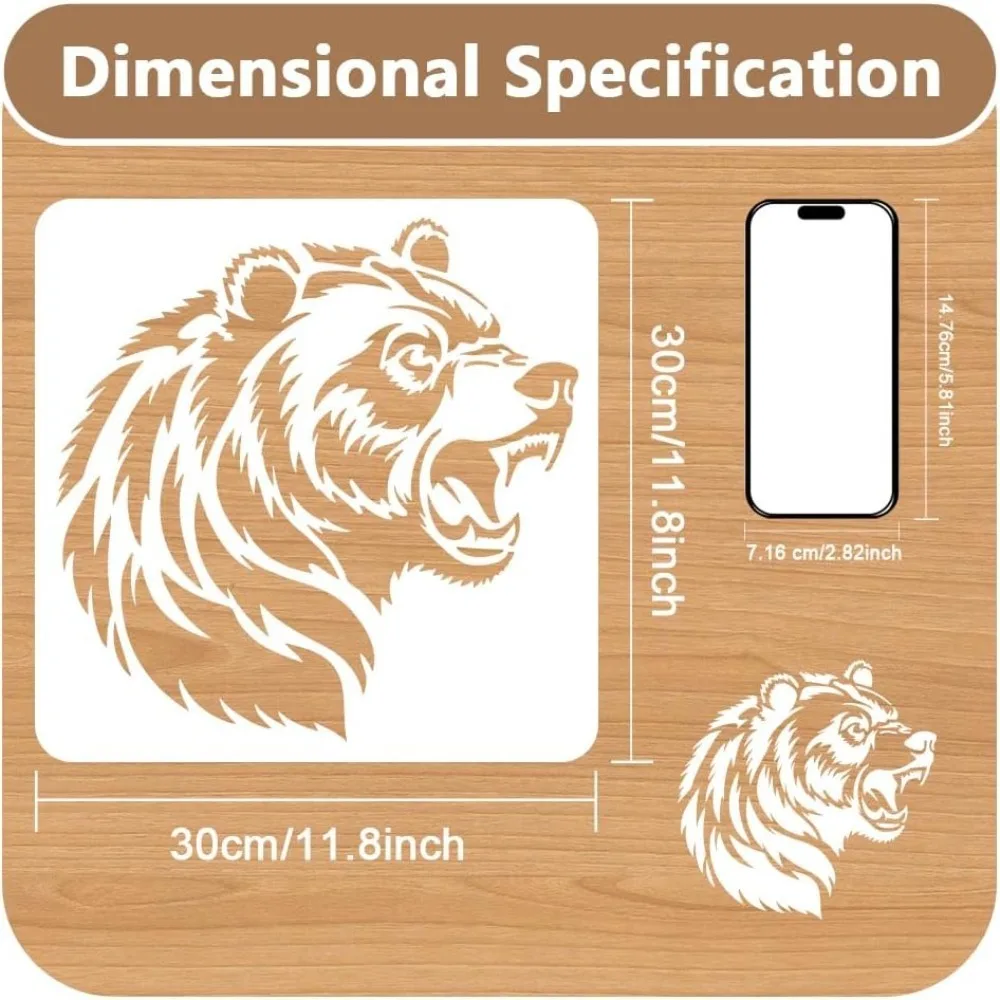 1 Piece Roaring Bear Head Animal Craft Art Stencil 11.8"x11.8" Growling Bear Plastic Reusable Stencil for Wood Burning Paint view 2