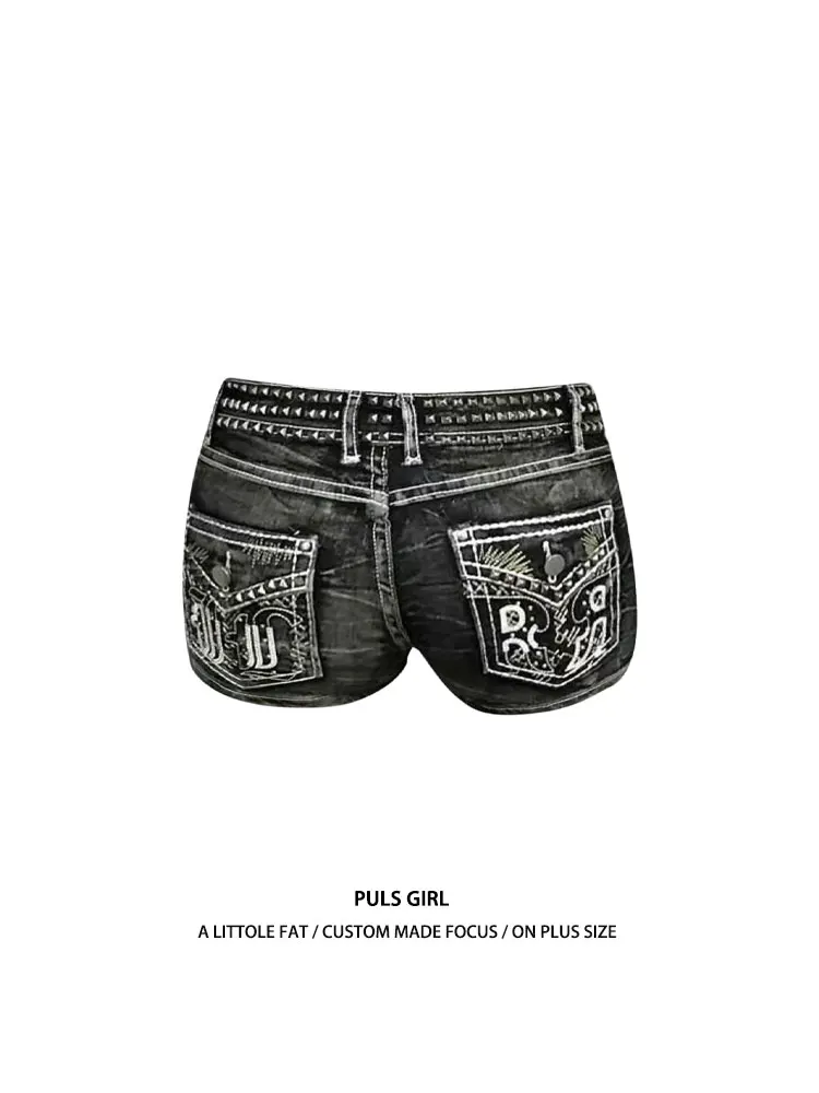 

Ретро-джинсовые шорты в американском стиле с заклепками, женские, больших размеров, облегающие, летние, повседневные, с низкой талией, на пуговицах