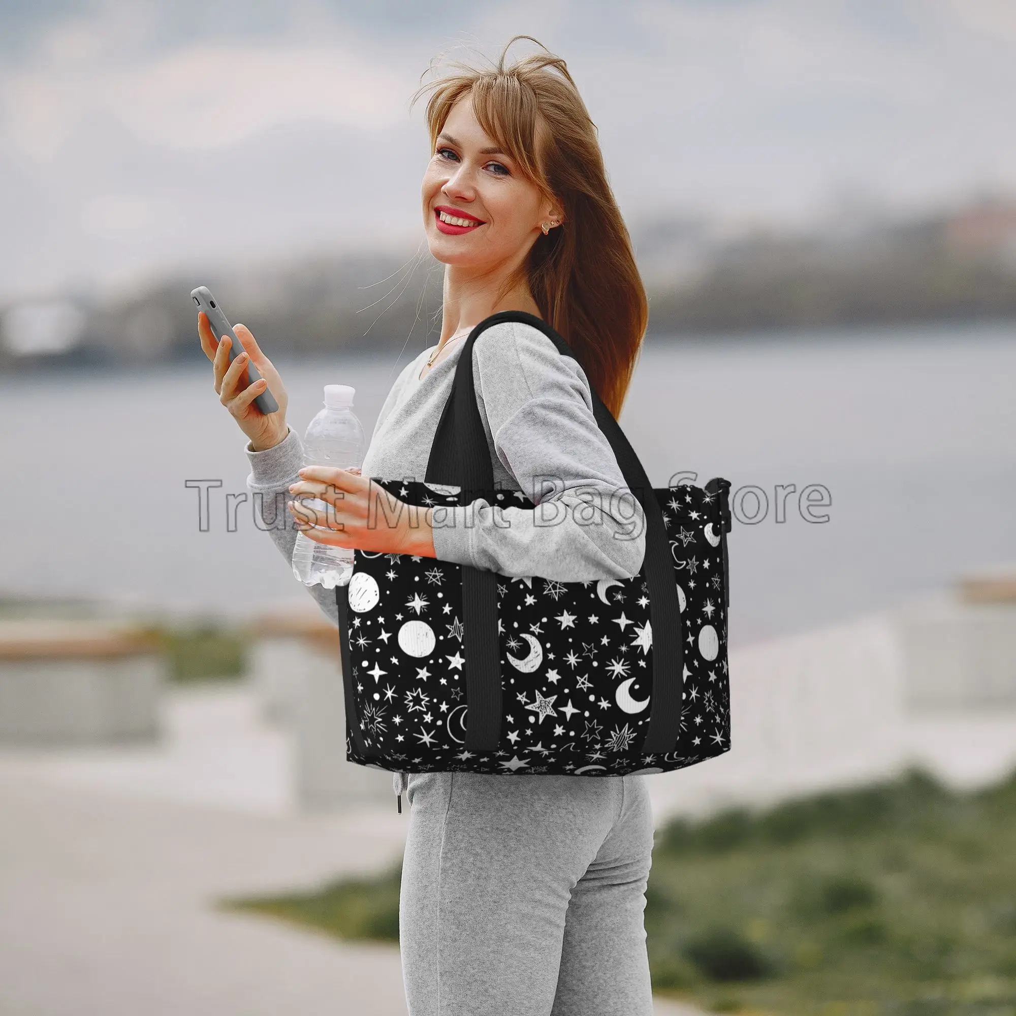 Borsone da viaggio con stelle e lune disegnate a mano borsone da viaggio Unisex Casual da allenamento borsa da viaggio portatile impermeabile borsa da notte Weekender