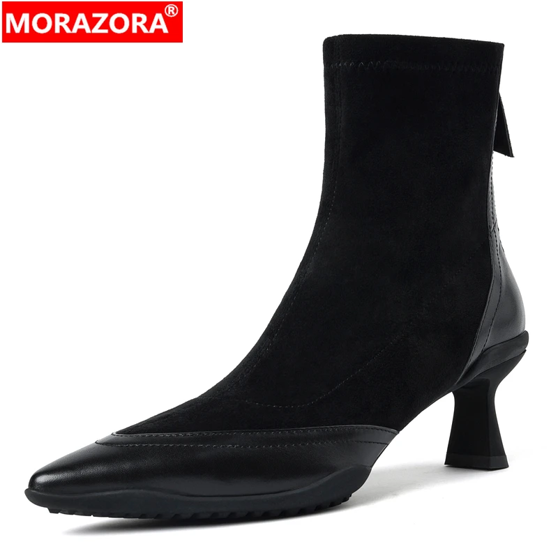 

MORAZORA INS/Новые эластичные ботинки из натуральной кожи, женские осенне-зимние ботильоны на высоком каблуке на молнии, коричневые офисные туфли из искусственной замши