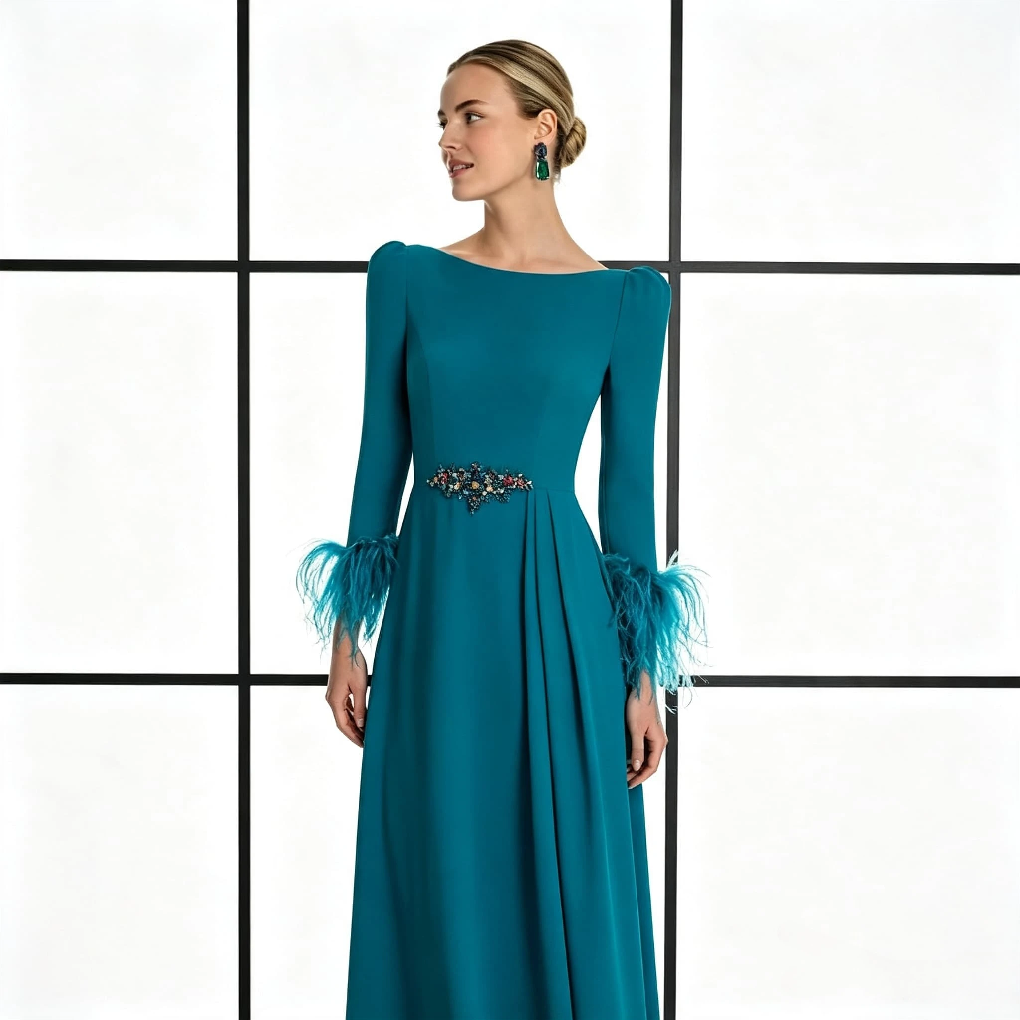 Customized Teal A Line Mother of the Bride Dress Boat Neck Feather Cuff Rhinestone Waist Crepe Wedding Guest Long Evening Gown